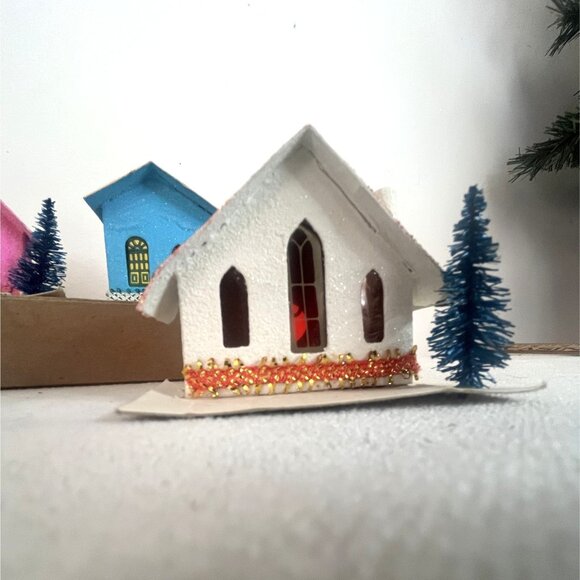 Vintage Putz Houses, Glittery Cardboard Christmas Decorations, Set Of 4,  Bottle - Picture 4 of 9